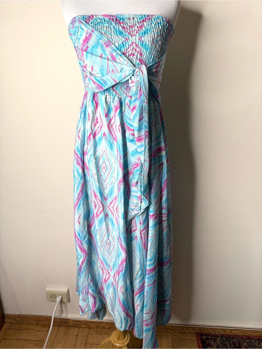 Blue and Pink Strapless Bohemian Smocked Asymmetrical Hem Dress